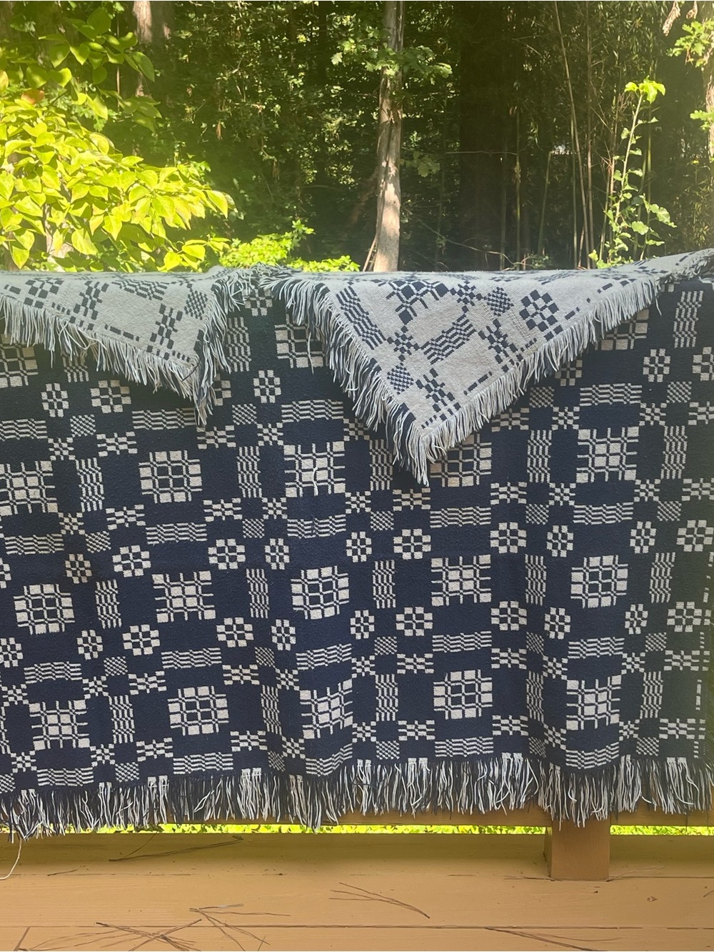 Antique Jacquard Woven Fringe Double Weave Coverlet in Colonial American Pattern